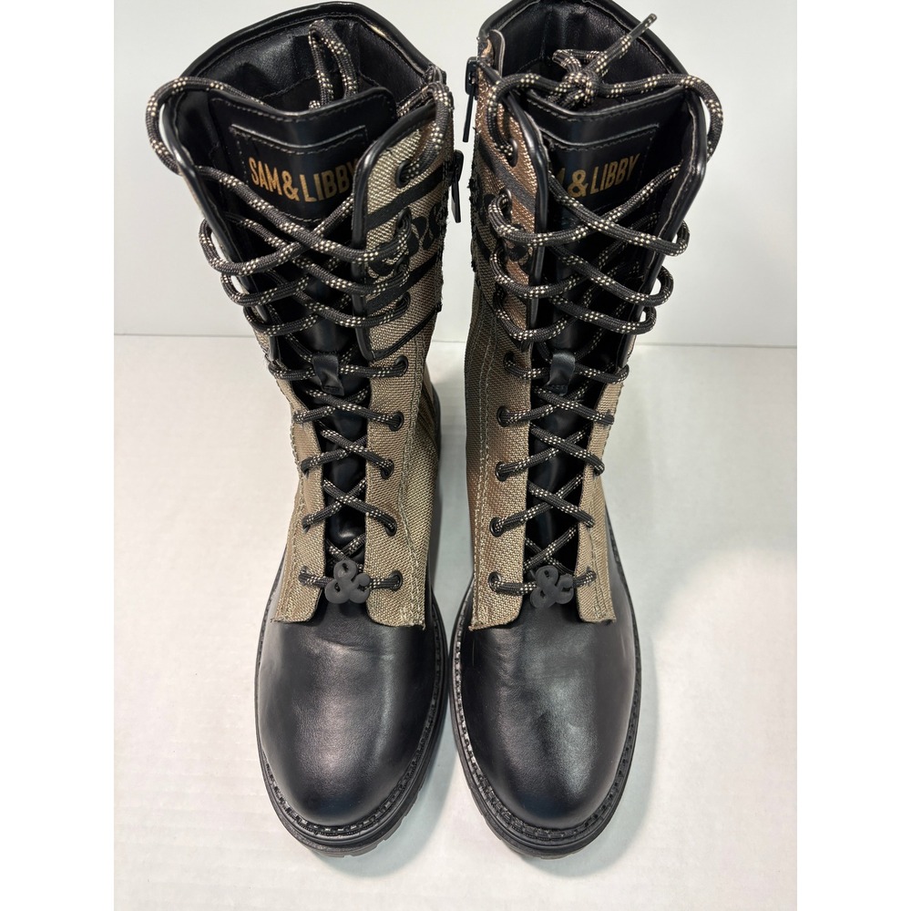 Sam & Libby Womens Black Tan Logo Combat Boots Side Zip Lug Sole Size 10